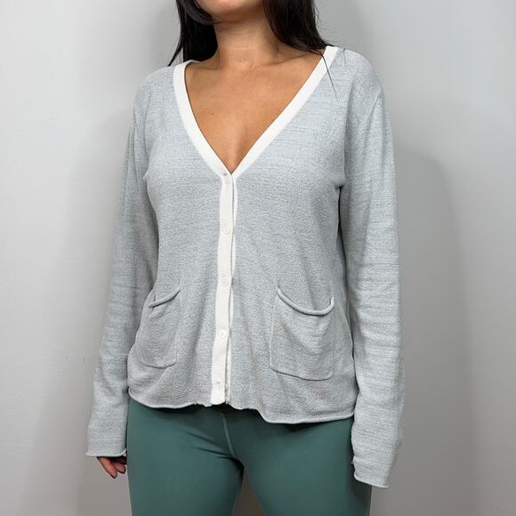 Barefoot Dreams Gray & White Trim Button Front Cardigan - Picture 5 of 9